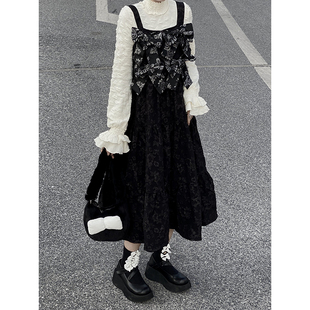 原创设计师款碎花背带裙山本日系风秋季重工提花蝴蝶结连衣裙套装