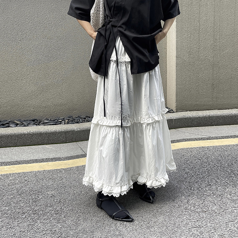 山本蕾丝花边拼接仙蛋糕裙24春夏秋系带高腰高个子长款白色半身裙