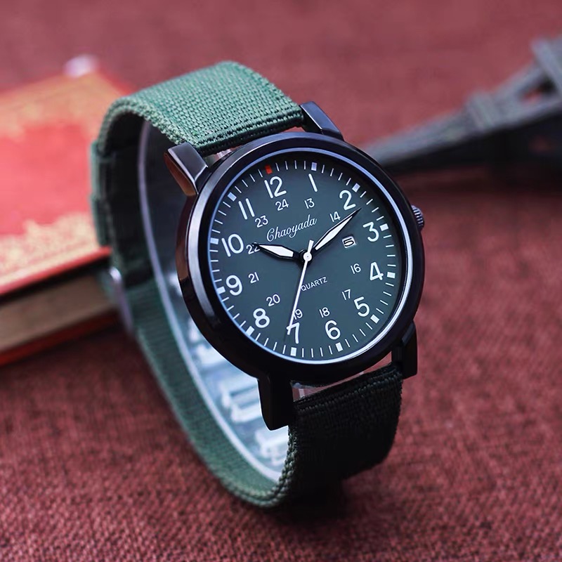 简约户外运动男士帆布带日历腕表军绿色手表学生石英防水电子腕表