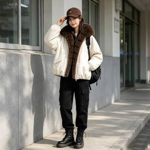 韩系大毛领短款加厚保暖女棉服