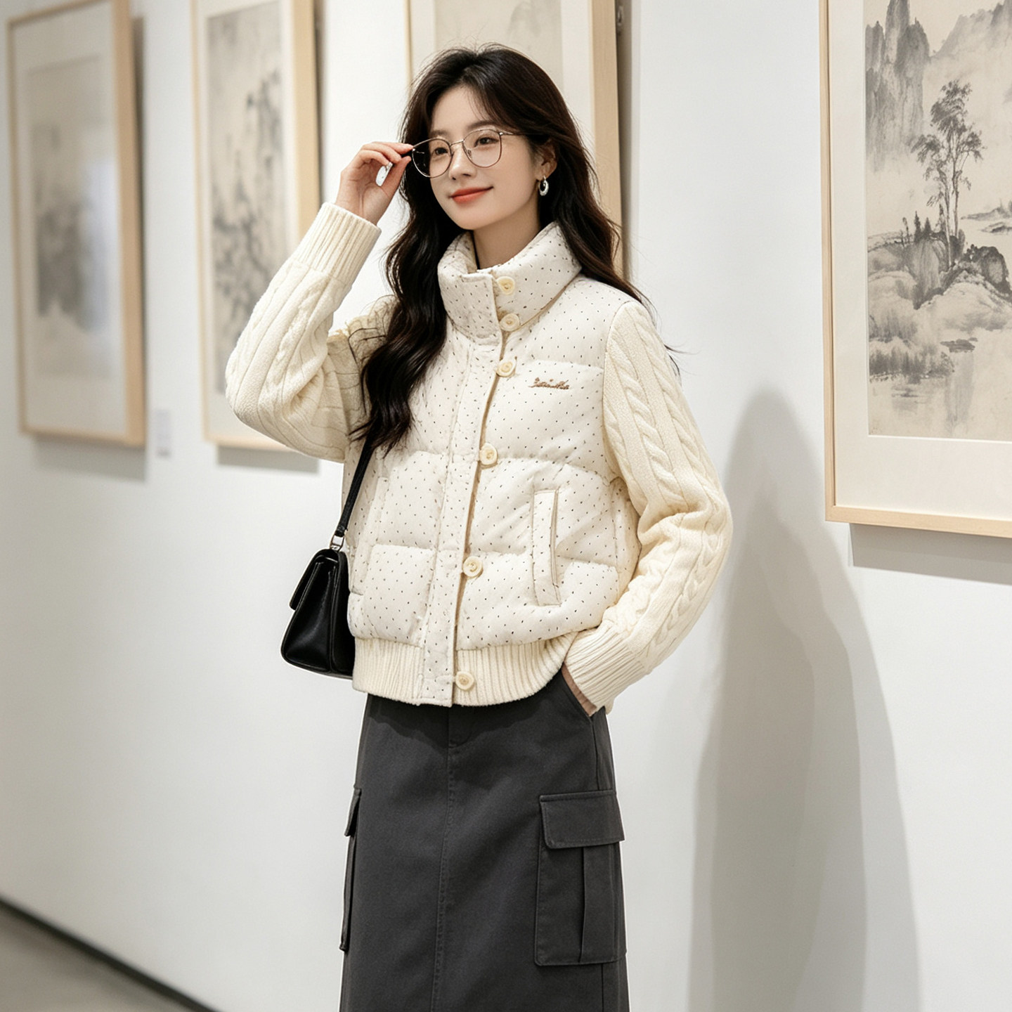 韩系波点拼接短款保暖棉服女
