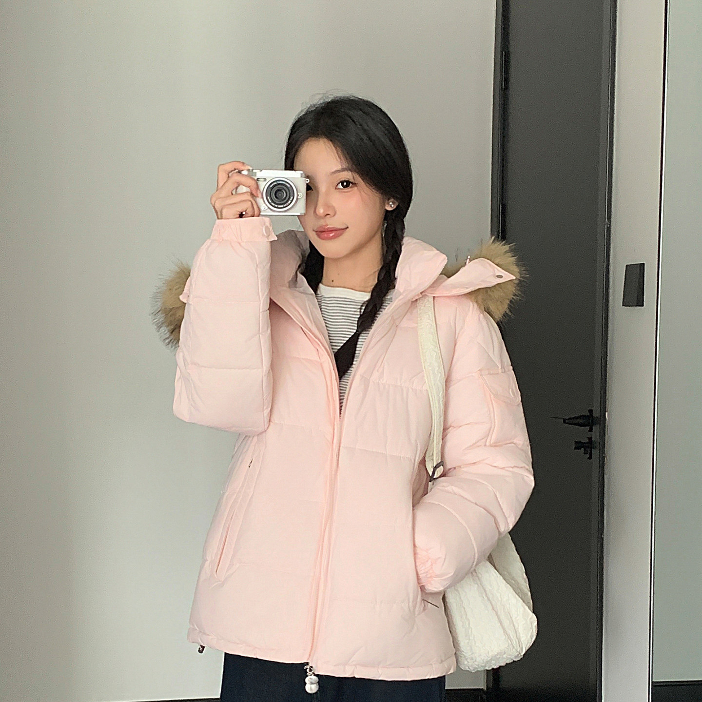 韩系大毛领连帽加厚保暖女棉服