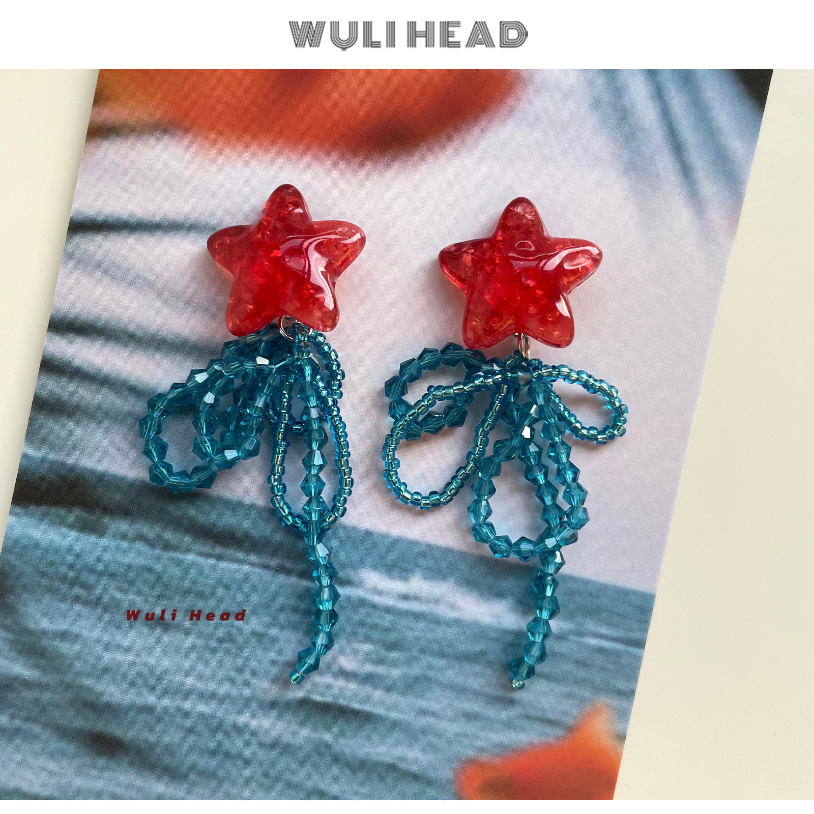 [ 无厘头 ] 海洋沙滩系列 红色海星原创红蓝撞色串珠度假耳环耳夹,饰品/流行首饰/时尚饰品新,耳环,淘宝优惠券,粉丝福利购,淘宝优惠卷
