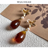 花朵琥珀水滴 无厘头 原创美拉德复古气质显脸小耳钉耳环耳夹