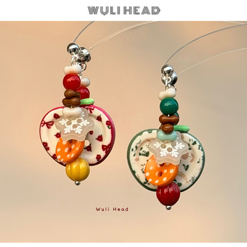 红绿苹果纽扣串珠耳环