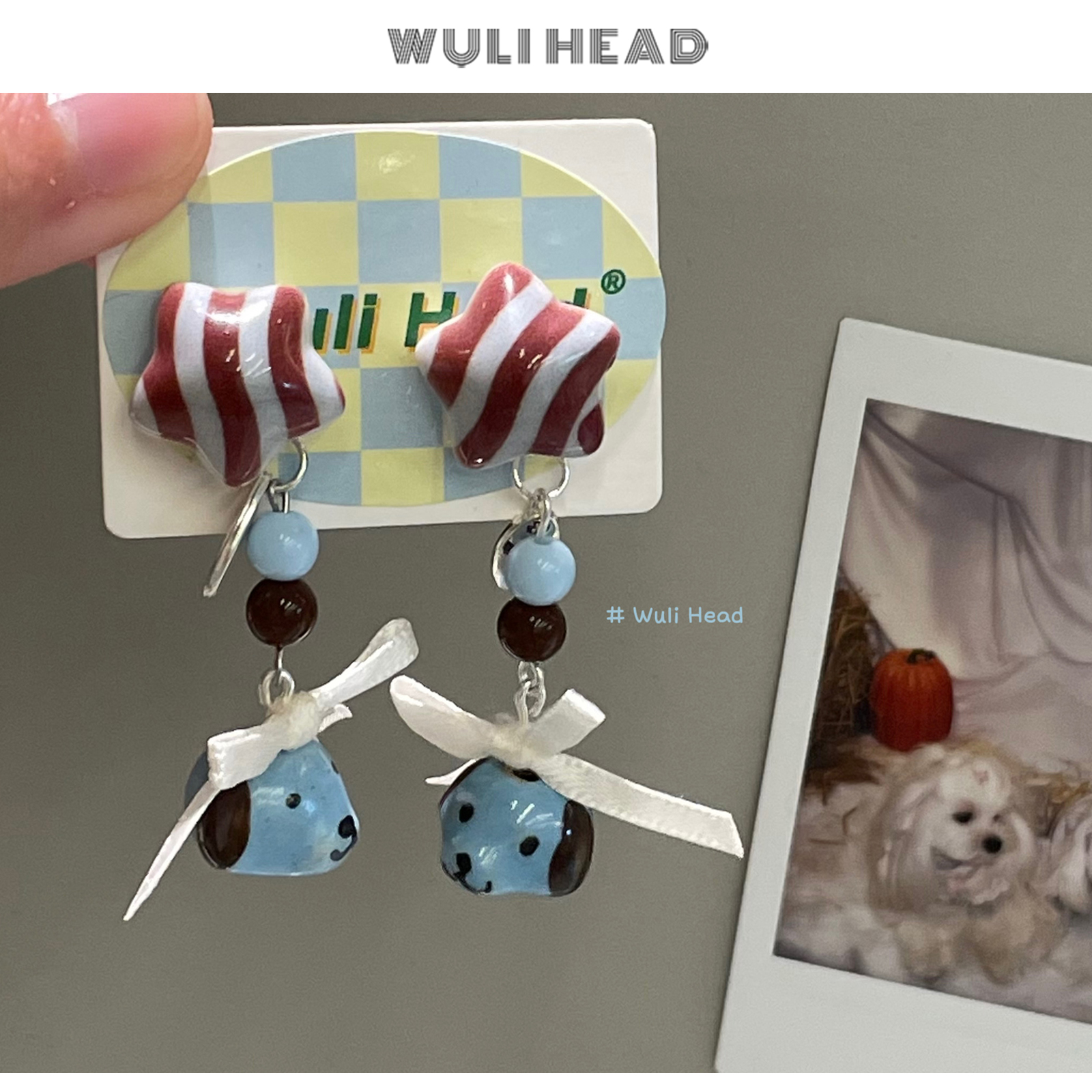 蓝色小狗蝴蝶结咖蓝撞色耳环