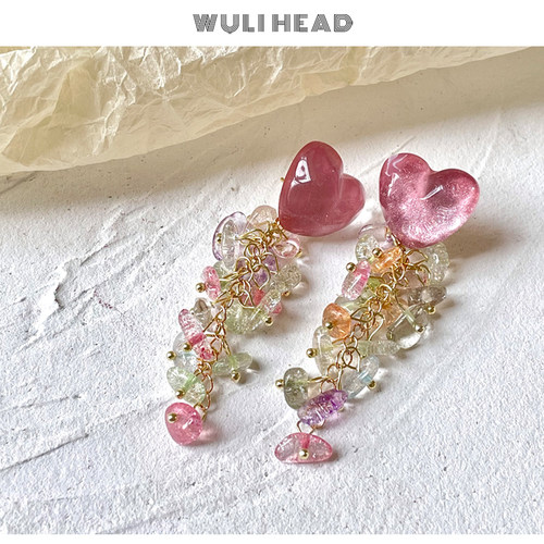 甜美粉色爱心碎石耳环