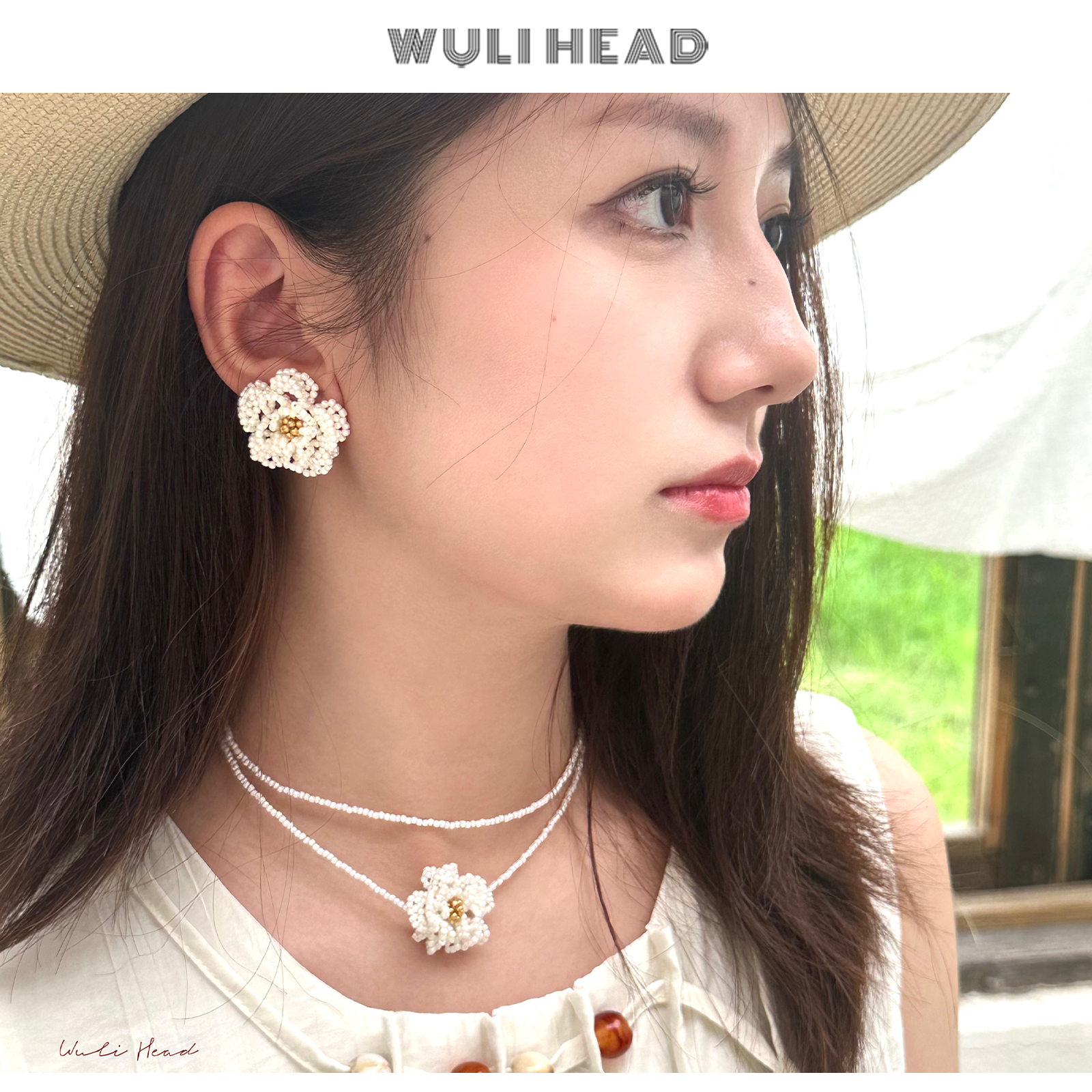 白色法式山茶花项链戒指