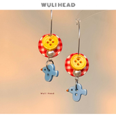 蓝色飞鸟 无厘头 原创红黄蓝撞色纽扣自由创意童趣耳环耳夹