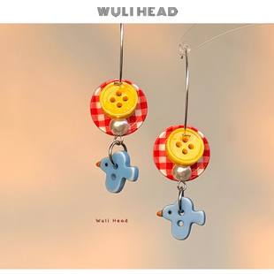 [ 无厘头 ] 蓝色飞鸟 原创红黄蓝撞色纽扣自由创意童趣耳环耳夹