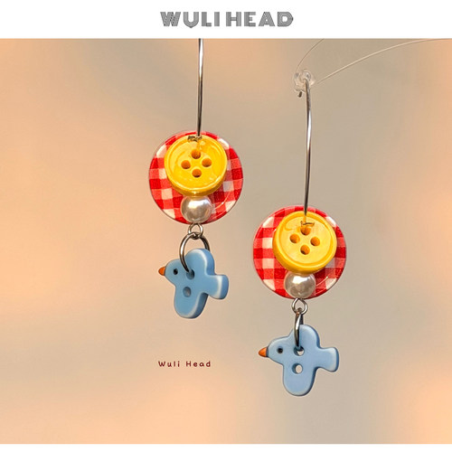 红黄蓝纽扣蓝小鸟耳环