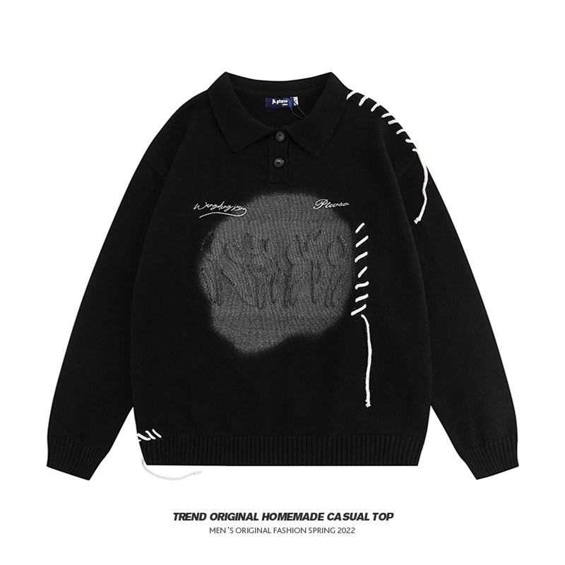 fearless无所畏惧原创潮牌设计感绑带浮雕花翻领毛衣男女外套