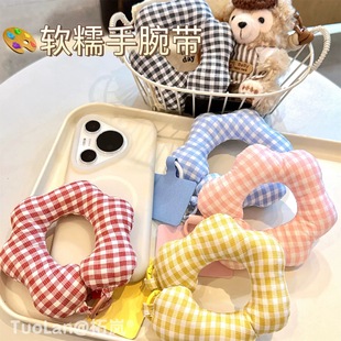 新款手机挂绳花朵格纹撞色布艺充棉软绵绵手腕带防丢防摔夹片