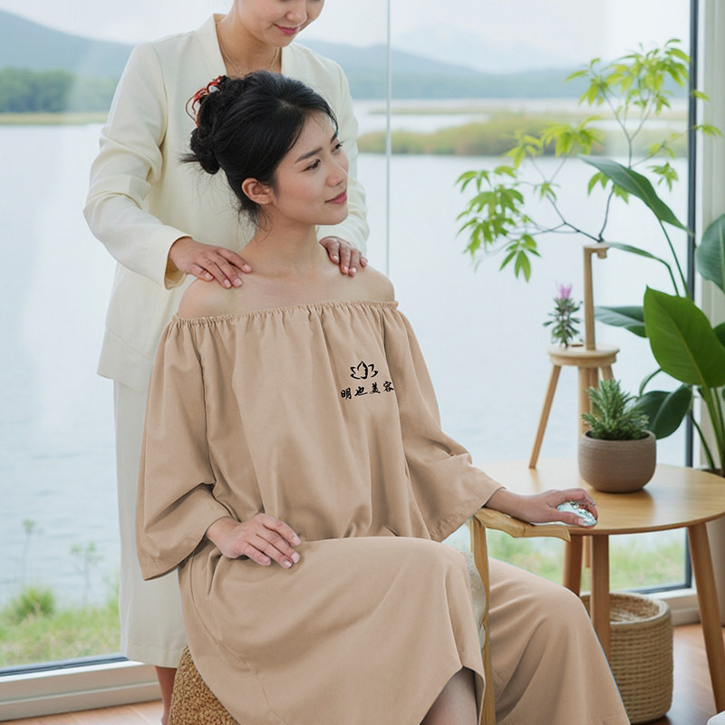 美容院专用按摩服浴裙莫奈棉纯色汗蒸服头疗一字肩宽松开背理疗服