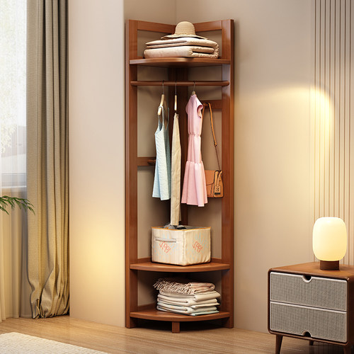 实木转角衣帽架落地卧室家用挂衣服架子多功能置物架简易收纳神器
