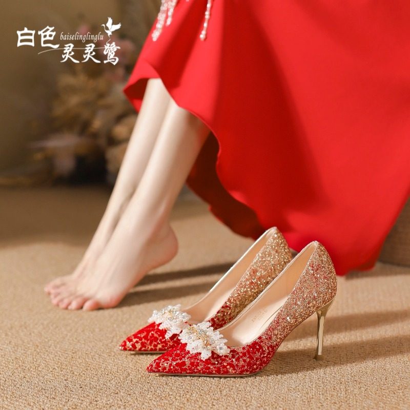 绝美红色水晶婚鞋不累脚高跟鞋女2025年春季新款结婚秀禾新娘鞋,女鞋,婚鞋,淘宝优惠券,粉丝福利购,淘宝优惠卷