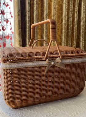 YC19大号拜神篮43*32*25cm方形手提篮仿藤编野餐篮 田园风拜拜篮