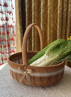 TL09复古椭圆仿藤编野餐手提篮 时尚简约鸡蛋篮小吃篮大号菜篮子