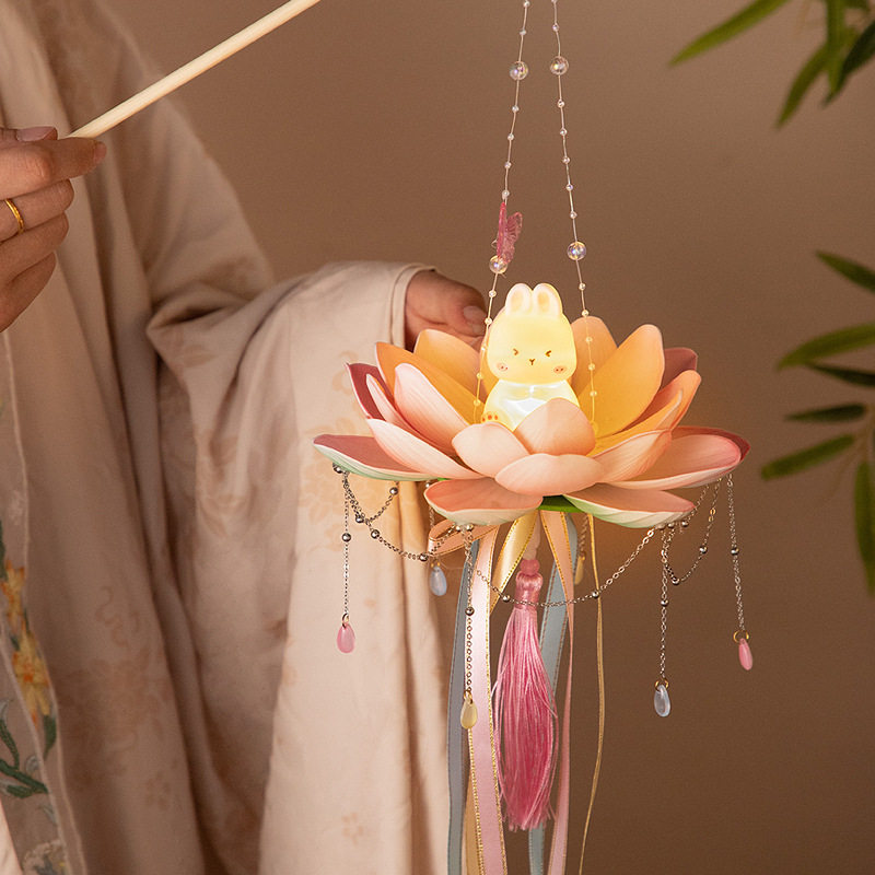 中秋节荷花灯儿童手工diy材料手提发光古风莲花灯笼舞台表演道具