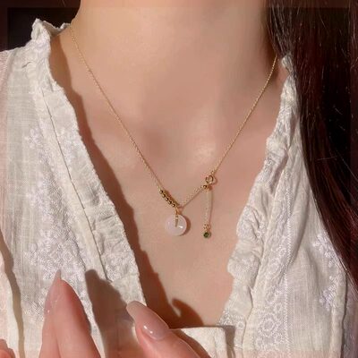 新中式和田玉平安扣项链女S925纯银轻奢设计感抽拉锁骨链国风颈链