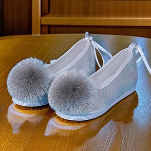 子女流苏毛球汉服鞋 浅色演出鞋 搭配古装 旗袍鞋 坡跟 布鞋 汉服古风鞋