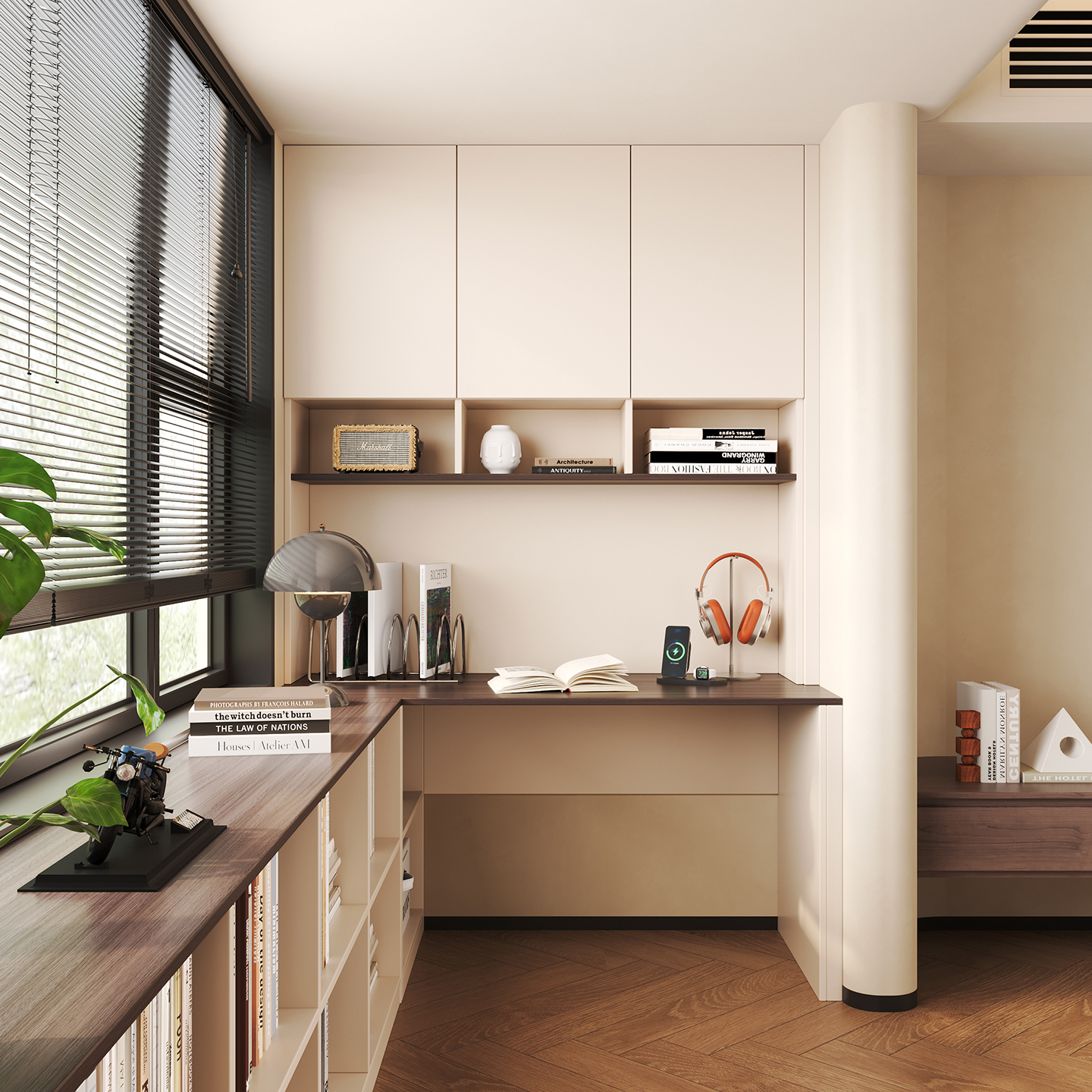 依雪中古奶油风转角书桌书柜组合