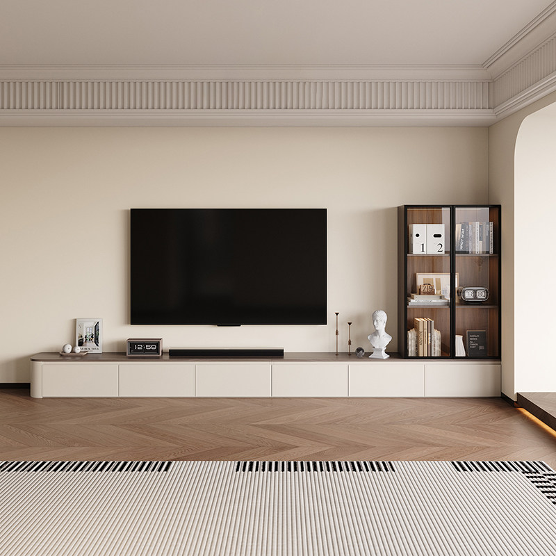 奶油中古风电视柜客厅家用落地收纳储物柜一体组合小户型轻奢定制