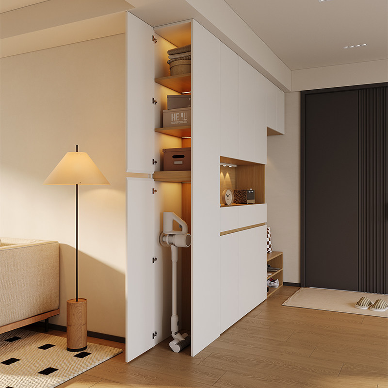 原木奶油风鞋柜家用门口带坐凳一体侧边柜大容量家政柜玄关储物柜