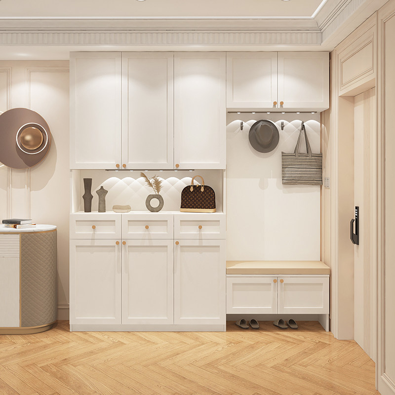 法式奶油风挂衣鞋柜一体坐凳靠墙入户玄关隔断柜客厅实木衣柜定制