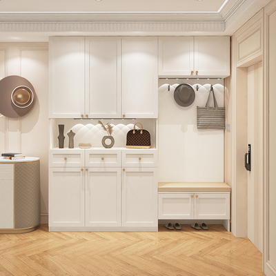 法式奶油风挂衣鞋柜一体坐凳靠墙入户玄关隔断柜客厅实木衣柜定制