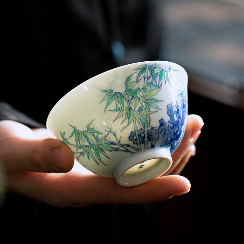 一思堂柴窑青花斗彩竹石主人杯景德镇手绘单杯个人茶具送礼礼品