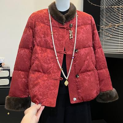 妈妈装新中式国风毛领羽绒服冬季新款2025盘扣保暖喜婆婆红色外套
