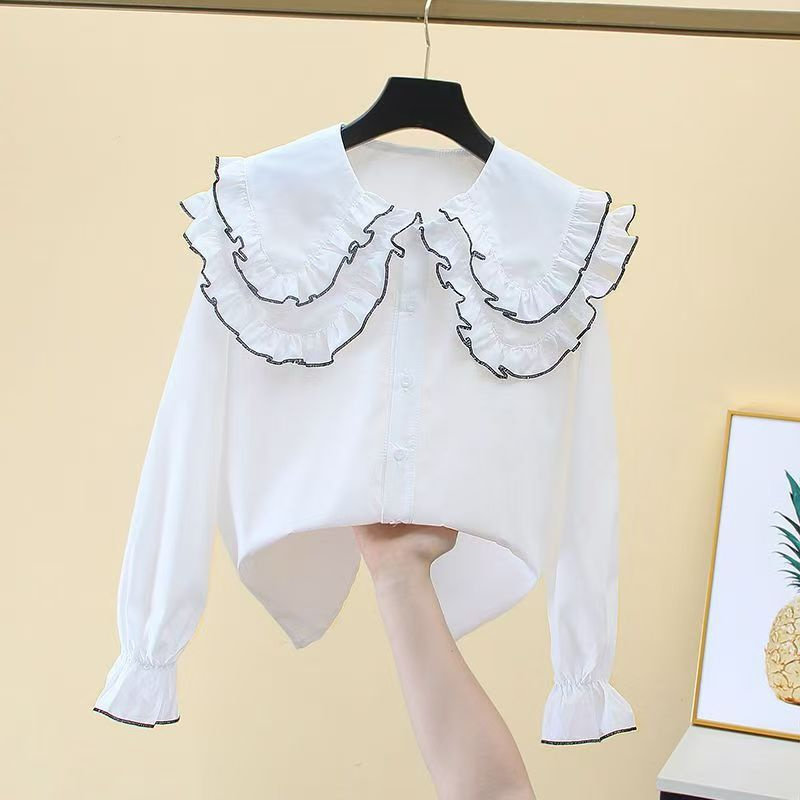 女童春秋衬衫新款韩版洋气白衬衣中大童双层娃娃领打底百搭长袖潮