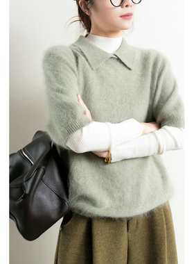 TidePA | CityVogue 知识分子风灰绿色短袖1oo%羊毛拉毛针织衫女