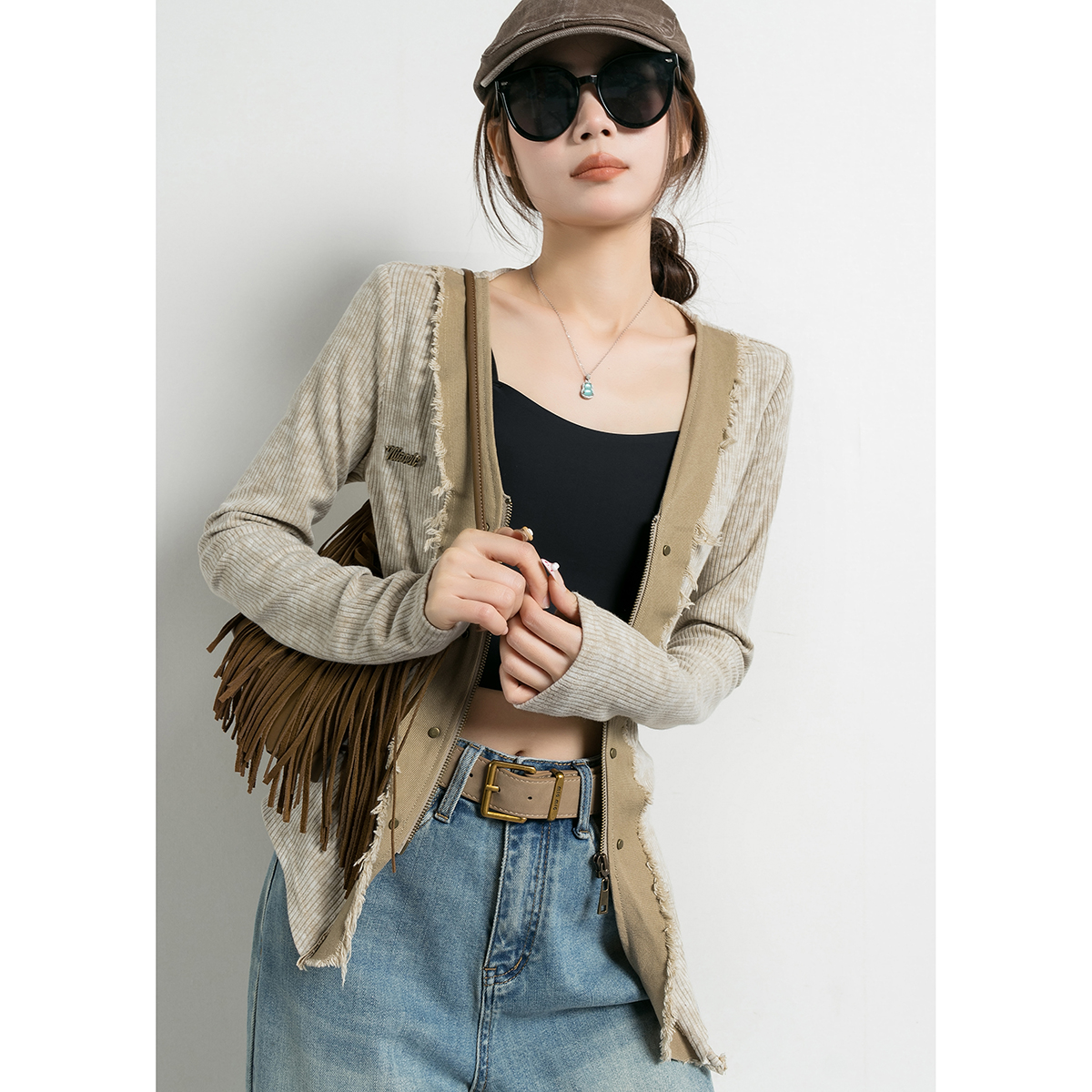 毛边废土风卡其色针织开衫女