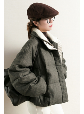 TidePA | Vintage做旧 灰色亚麻拼接针织翻领短款白鹅绒羽绒服女