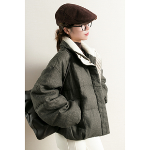 TidePA | Vintage做旧 灰色亚麻拼接针织翻领短款白鹅绒羽绒服女