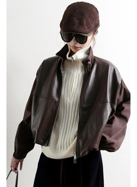 TidePA | Demure迪木尔风 Turkey琎口羊皮拼接咖色短款皮衣女夹克