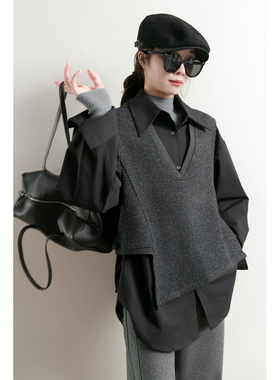 TidePA | Vogue叠穿Grey系 宽松黑色衬衫+V领针织马甲两件套女