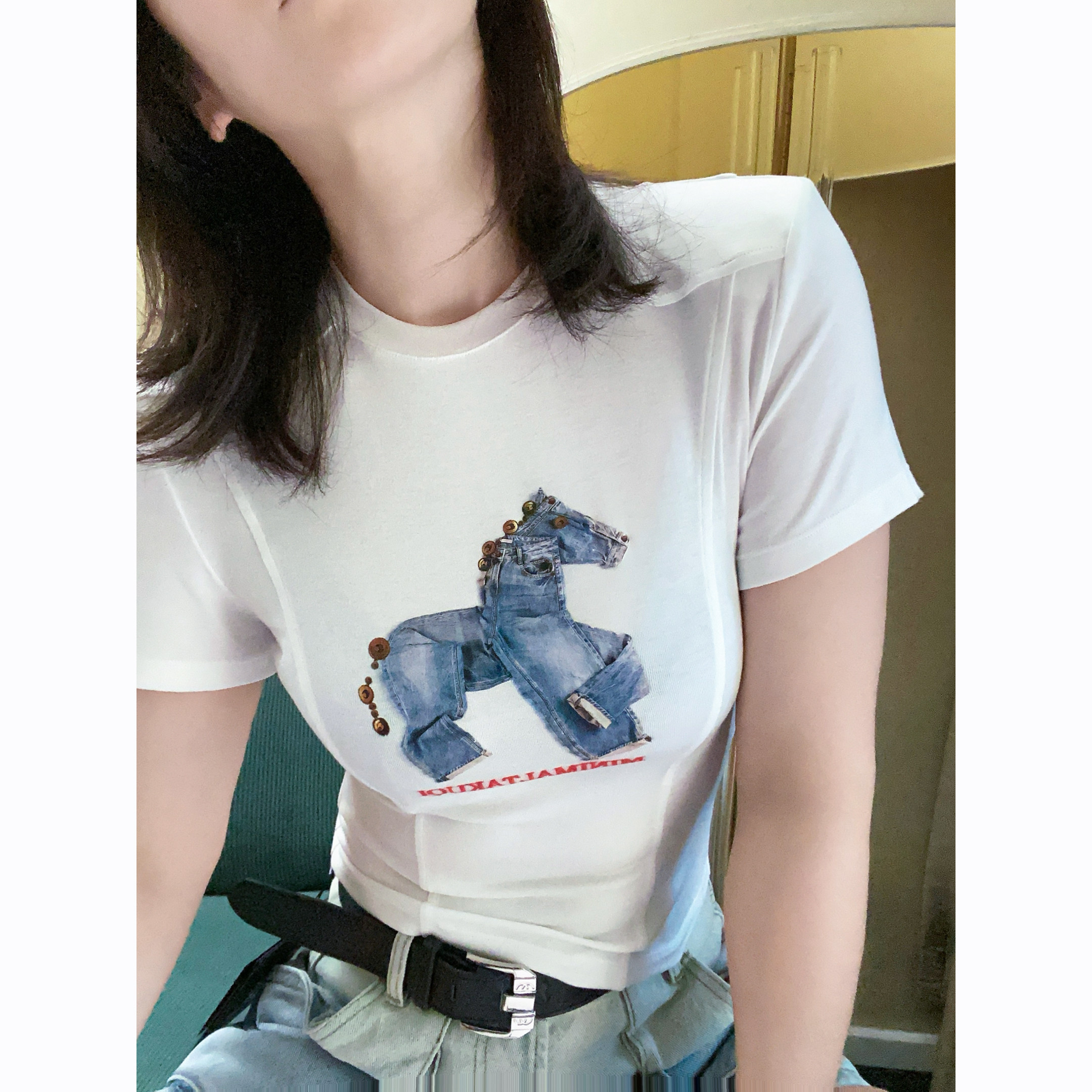 谁穿谁是直角肩26夏甜酷辣妹天菜美式街头单宁拼贴马垫肩短潮T恤