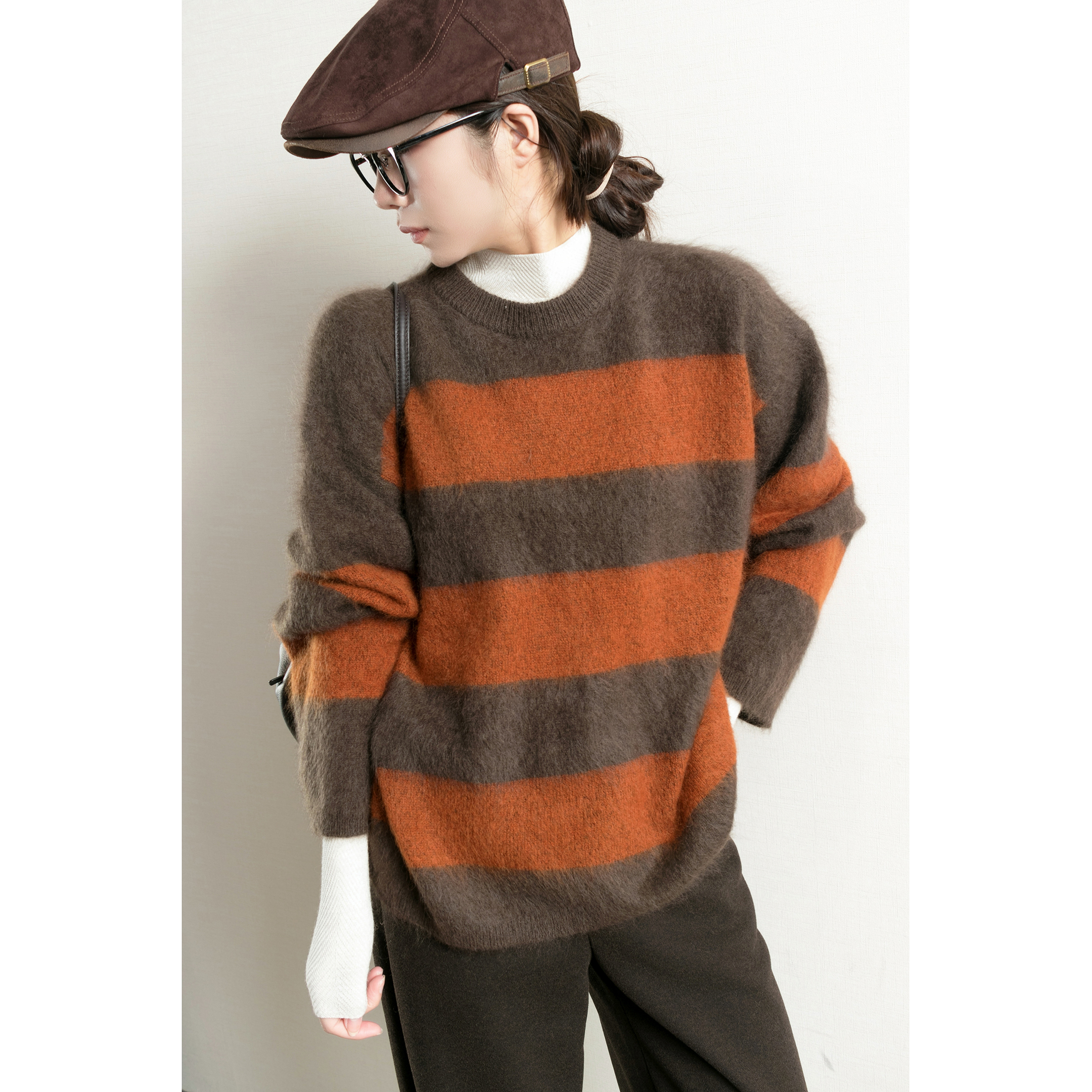 咖橘条纹1oo%羊毛拉毛针织衫女