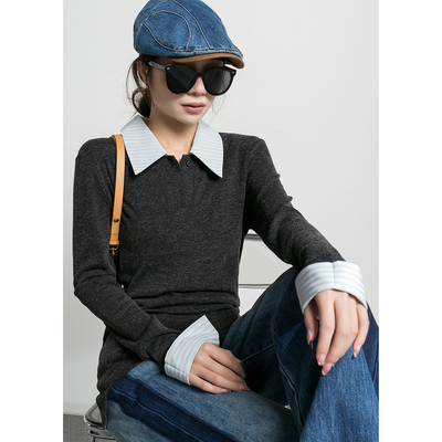 拼接衬衫假两件深灰色针织衫女