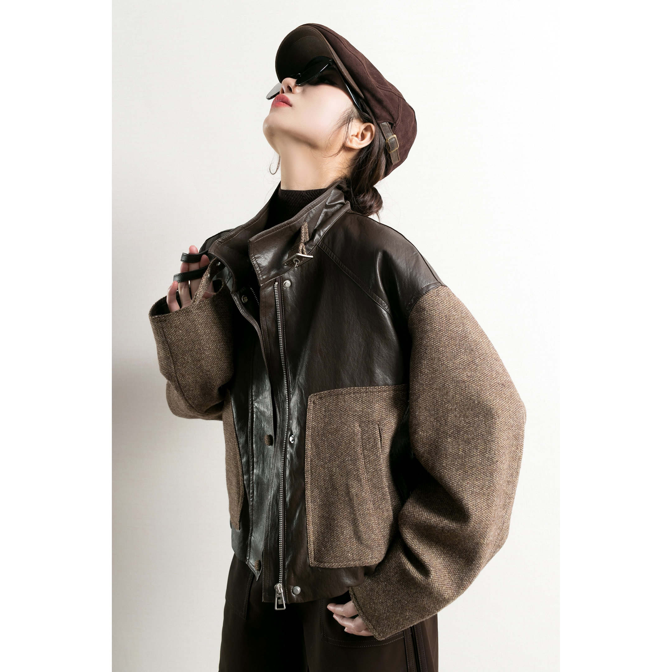 机能风羊毛拼接PU皮短款立领夹克