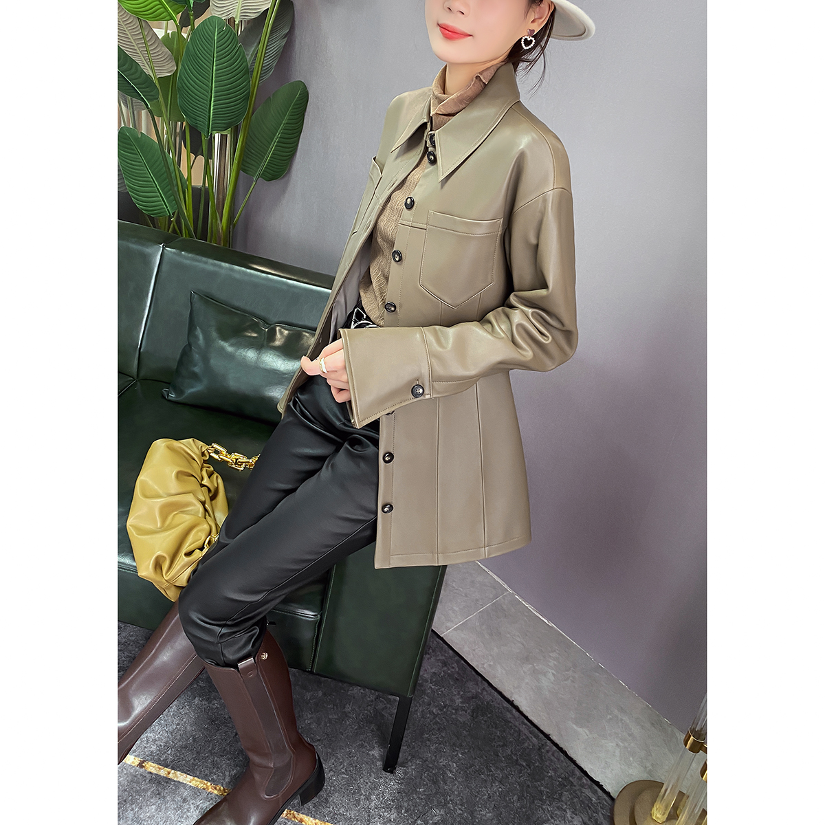 高级感修身中长款皮衣女外套春秋