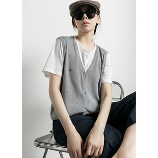 潮葩 冰感冰丝 灰色拼接假两件宽松短袖针织衫女2025新款春夏上衣