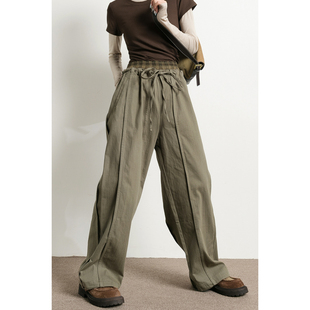 格纹拼接双裤 宽松伞兵裤 腰 女春秋款 子 复古军绿色立裁阔腿裤 清仓