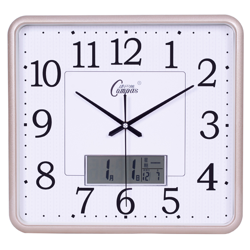 康巴丝15英寸静音客厅挂钟时尚简约长方形时钟挂表万年日历石英钟
