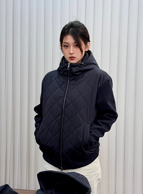 SEASON MARK菱形格连帽棉服休闲百搭通勤保暖纯色外套棉衣秋冬男