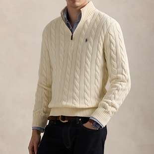 SEASON MARK半拉链小马刺绣绞花针织衫休闲百搭纯色保暖情侣毛衣