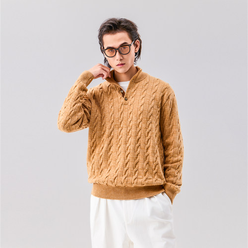 SEASONMARK早秋绞花半开胸毛衣